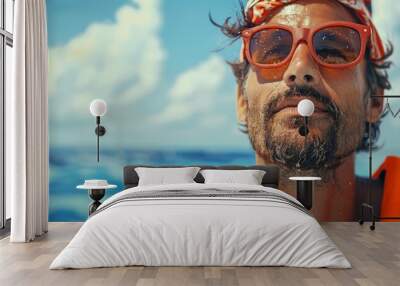 Man with a lifeguard whistle, looking alert Wall mural