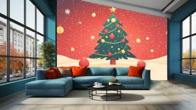 merry christmas card with tree and balls Wall mural