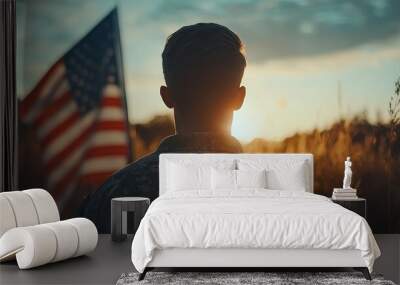 Military male soldier with the USA flag copy space background Memorial National Day, Veterans Day banner. Wall mural