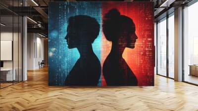 Silhouette of a man and woman in profile, set against a digital code background with blue and red contrast, futuristic technology with binary data and artificial intelligence Wall mural