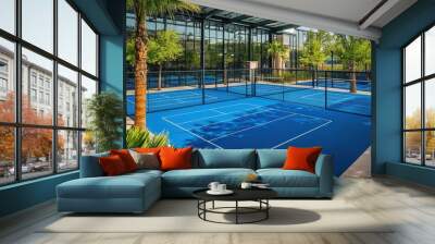 Team-building activity for corporate groups featuring friendly padel matches followed by networking and socializing opportunities. Wall mural