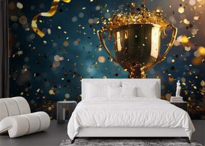 trophy cup. gold first place winners trophy with falling confetti and streamers. champion trophy, sh Wall mural