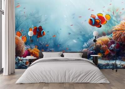 Watercolor abstract coral reef with colorful fish and plants on white. Wall mural