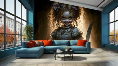 scary horror doll girl in dress with creepy smile holding knife. Wall mural