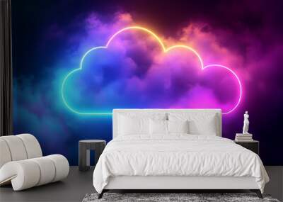 3D render: Abstract clouds illuminated with neon light cloud icon in the dark night sky. Glowing neon line cloud with copy space. Wall mural