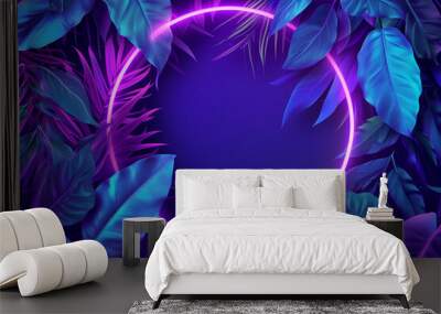 3d render. Neon hoop or circle in the tropical flowers and leafs.. Floral foliage nature in vibrant neon colors. Wall mural