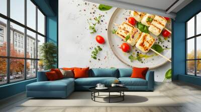 Grilled halloumi cheese with fresh salad, cherry tomatoes, and herbs. A tasty appetizer, salad, ketogenic, paleo lunch on a bright background. Banner with copy space for a delicious and healthy meal. Wall mural