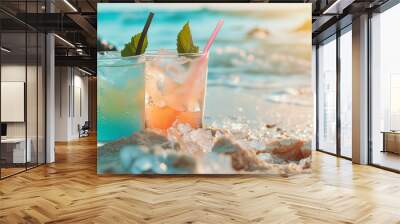 Holiday banner: two cocktail glasses on beach. Travel vacation on beach bar.  Summer drinks with blur beach background with copy space  Alcohol cocktails with ocean view,  nightlife at club.. Wall mural