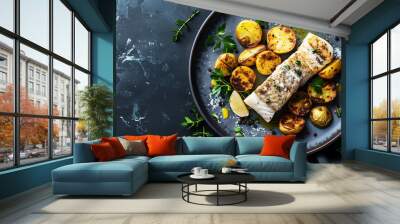 Lemon and rosemary cod loin with baked potatoes and vegetables. Baked white fish. Fried haddock and potato medallions on dark grey background. Foodie banner with copy space. Wall mural