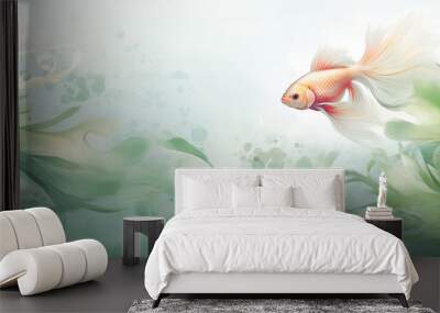 Luxury oriental style background banner. Chinese and Japanese oriental pastel watercolour. Wallpaper design with sea weed and red koi carp fish. Pale pastel teal. Ocean and wave wall art.  Wall mural