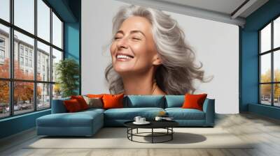 Portrait of Beautiful Older 50s 60s 70s Mid Aged Healthy Mature Woman Isolated on White Background. Anti-aging Skin Care Beauty, Cosmetics Concept. Natural Beauty Product. Wall mural