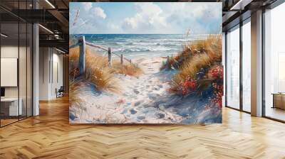 Realistic Sea beach background in watercolor style pink, blue beige pastel color, muted tones. Painting of sand dunes, path with foot step & sea. Sea side art banner with copy space. Wall mural