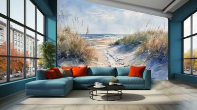 Realistic Sea beach background in watercolor style pink, blue beige pastel color, muted tones. Painting of sand dunes, path with foot step & sea. Sea side art banner with copy space. Wall mural