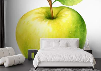 Ripe green apple with leaf isolated on white background. Watercolour illustration. Wall mural