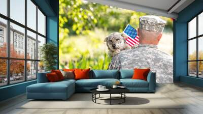 Soldier with military dog outdoors on a sunny day Wall mural