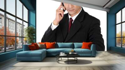 Businessman on phone checking at his watch, isolated on white Wall mural