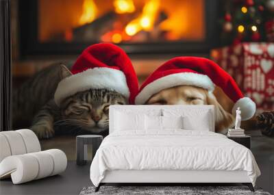 A cat and a dog wearing Christmas hats lying by the fireplace Wall mural