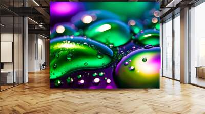 Abstract Background of emerald and purple splashes of metallic liquid, generative splashes of emerald iridescent liquid with reflections from the sun Wall mural