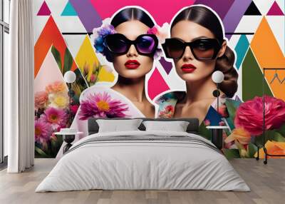 Background in graphic collage style with flowers, pixel art and bright colors, 30 year old girl in a white shirt wearing dark round black glasses with a bouquet of flowers, background for advertising  Wall mural