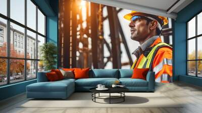 banner vector illustration, Construction worker in seat belts and safety cable working on a high-rise building, compliance with industrial safety regulations, Wall mural