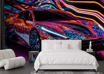 Beautiful modern abstract car design in neon light Wall mural