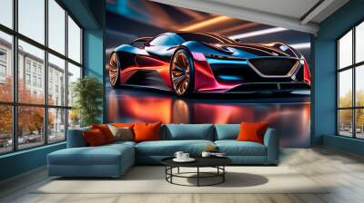 Beautiful modern abstract car design in neon light Wall mural