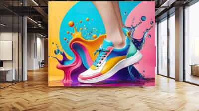 beautiful women's creative sneakers and feet in a puddle and splashes of water on a white background, Wall mural