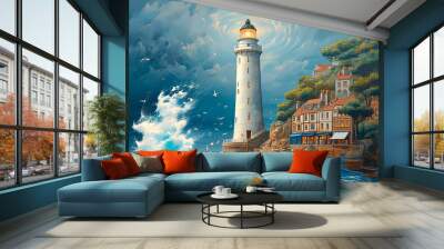 creative collage with lighthouse, tree and yacht, art picture for design Wall mural