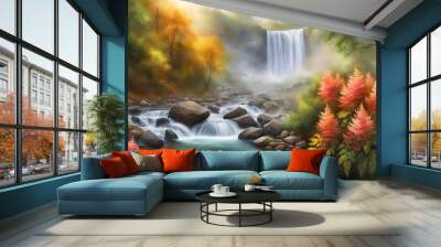 digital watercolor illustration of a foggy morning with a waterfall and a beautiful landscape. Wall mural