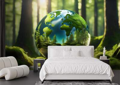 Earth Day - Environment - mirror glass globe in forest with moss and defocused abstract sunlight and water, Wall mural