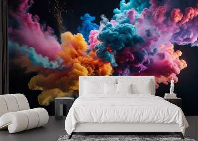 explosion of colorful powder and smoke colliding with each other on a blank black background, celebr Wall mural