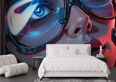 female DJ in cyberpunk glasses, neon light effects at a disco, music in our lives, Wall mural