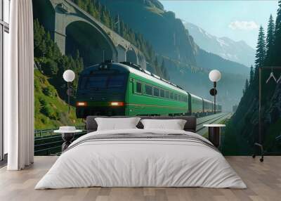 freight train moving in mountain landscape approaching a tunnel, freight rail transportation, Wall mural