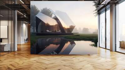 Magic village, innovative mirror metal house with smooth wavy design, garden and home area design, Wall mural