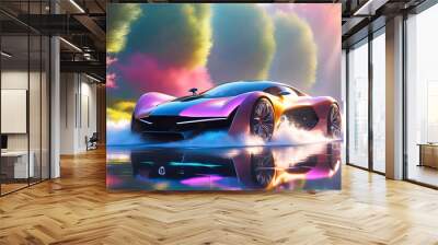 Modern car in bright light and splashes of water, beautiful graphic illustration, pop art,	
 Wall mural