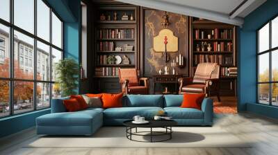 Modern retro home decor with stylish living room with armchair, wooden bookcase,	
 Wall mural