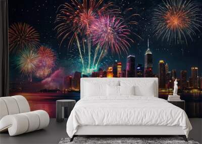 Night scene with fireworks in the sky, reflections of fireworks on the wet ground, festive atmosphere of a night city with fireworks Wall mural