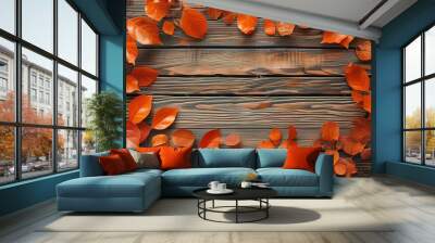 rustic orange and red autumn leaves around tabletop on wooden table Wall mural