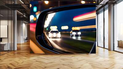 View of the side mirror from the rear of a business class car driving along the line at high speed. A car rushes along the highway in the city at night, Wall mural