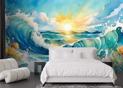 watercolor cartoon illustration, transparent ocean water, travel against the backdrop of sun splashes of the ocean. Wall mural