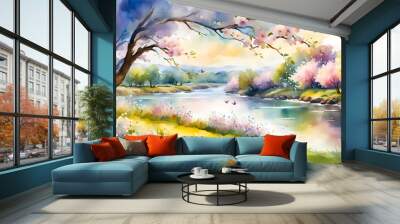 watercolor illustration of a landscape with flowers, branches, trees, river and birds against the sky Wall mural