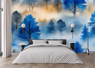 Watercolor seamless landscape pattern with blue trees in the fog Wall mural