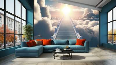 white staircase reaching the sky and leading to the gates of heaven, entrance to paradise, gates of heaven, Wall mural