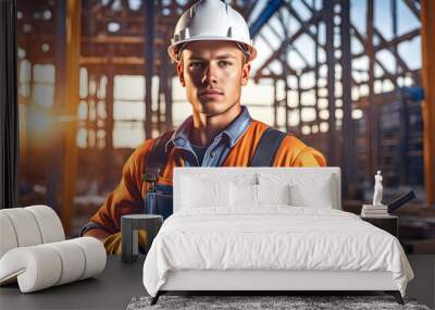 Workers in hard hats and overalls on a neutral background, screen printing, pop art, Wall mural