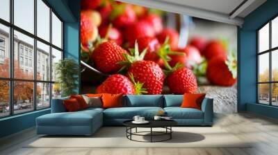 ripe red strawberry on a table with burlap Wall mural