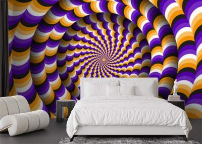 Abstract round frame with a rotating purple orange wavy pattern. Optical illusion hypnotic background. Wall mural