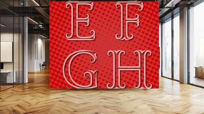 Outline volumetric letters E, F, G, H with translucent shadows. Pink letters with flourishes on red hearts background. Vintage font in pop art style. Wall mural