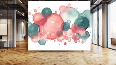 a cluster of teal and coral pink abstract watercolor floating bubbles, isolated on a transparent background, generative ai Wall mural