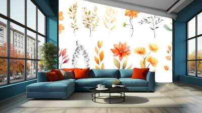 a collection of soft watercolor autumn flowers isolated on a transparent background, generative ai Wall mural