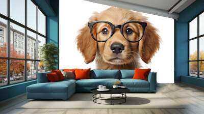 a golden retriever puppy wearing oversized glasses isolated on a transparent background, generative ai Wall mural